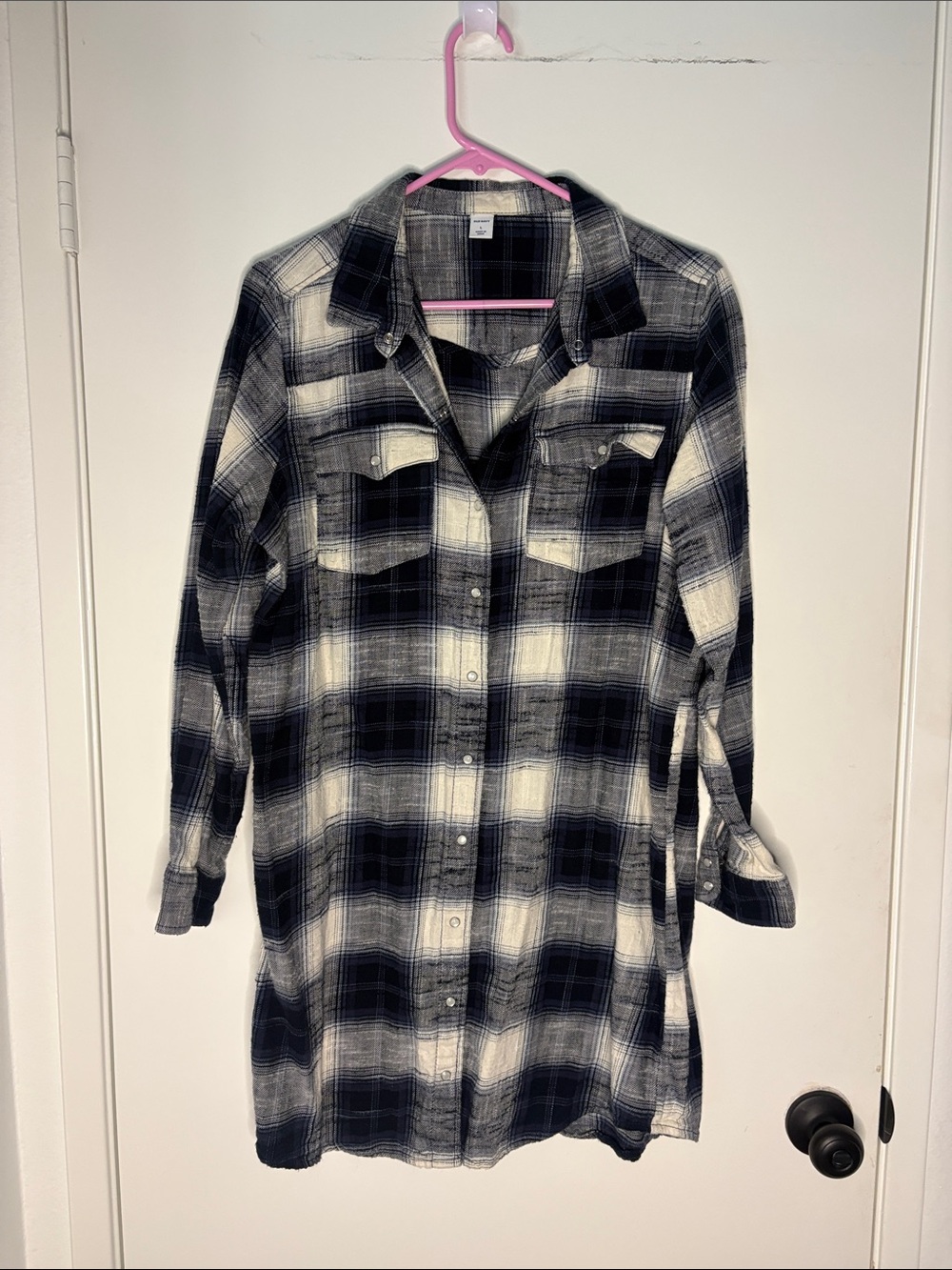 Old Navy Black and White Plaid Midi Shirt Dress
